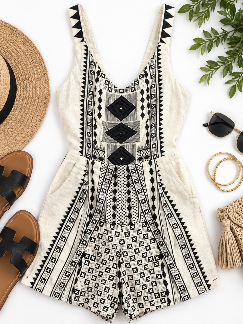 MINKPINK Black & Cream Tribal Print Romper XS